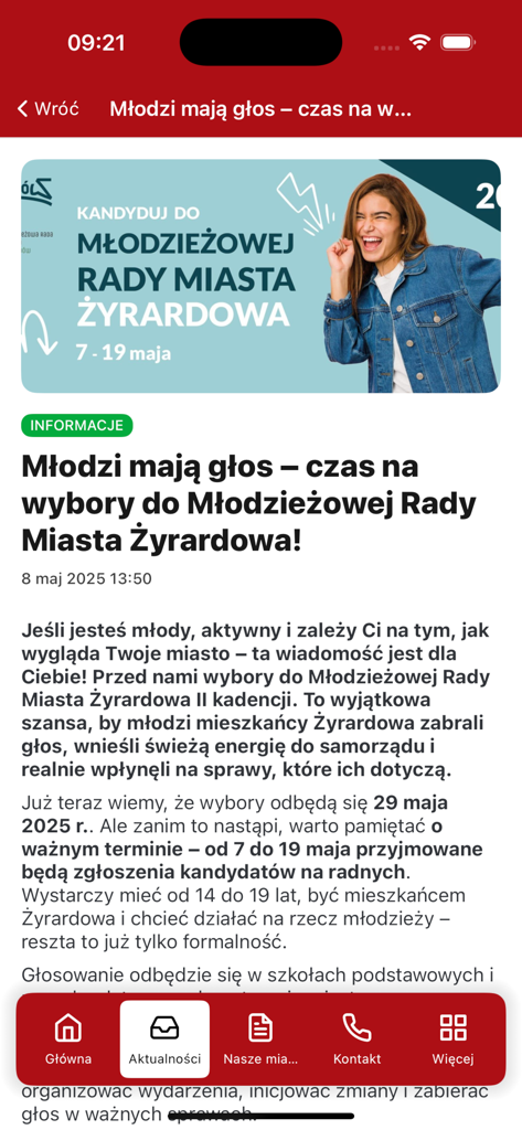 Miasto Żyrardów - News article about Youth City Council elections in the Miasto Zyrardow mobile app