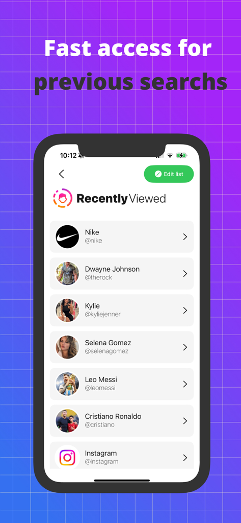 Story Studio for Instagram IG - Story Studio app interface showing a list of recently viewed Instagram profiles for quick access