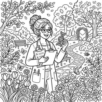 Step into a world where science meets nature with this unique coloring page featuring a medical innovator amidst a vibrant spring garden. Perfect for celebrating brilliant minds and the beauty of renewal, this detailed design offers a delightful coloring experience.