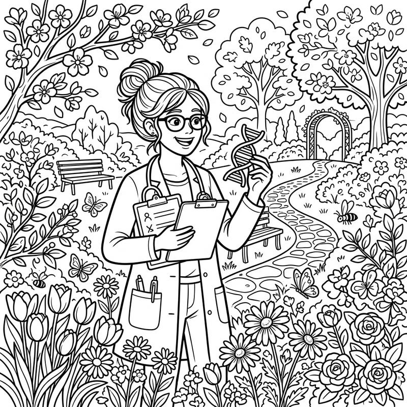 Step into a world where science meets nature with this unique coloring page featuring a medical innovator amidst a vibrant spring garden. Perfect for celebrating brilliant minds and the beauty of renewal, this detailed design offers a delightful coloring experience.