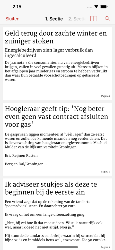 A screenshot of the DG - Digitale Krant app showing a list of news articles in Dutch about energy and gas prices.