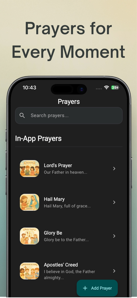 Bible Journey: Visual Stories - A mobile screen showing a list of Christian prayers including the Lords Prayer and Hail Mary in the Bible Journey app