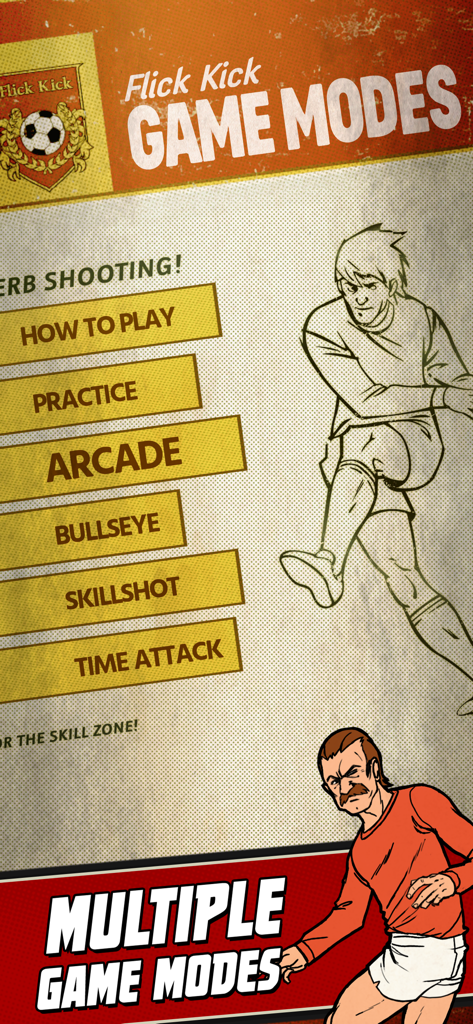 Flick Kick Football Kickoff - Flick Kick Football game modes menu with retro illustrations