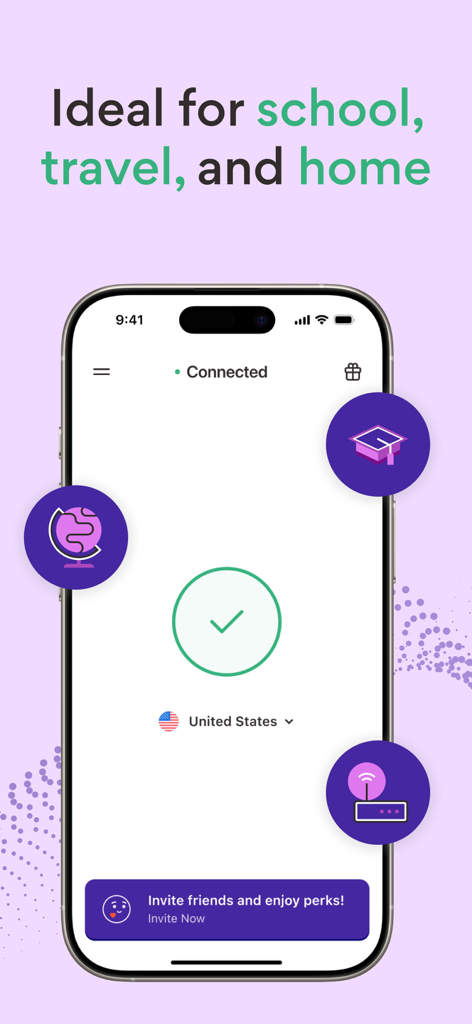 Aplicación VPN 360 en iPhone mostrando una conexión segura para viajes escolares y el hogar