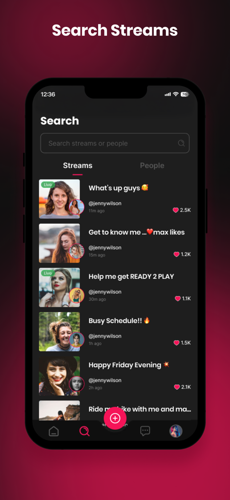 Peeks Social - Live Video - A mobile search screen for discovering live video streams and content creators on Peeks Social.
