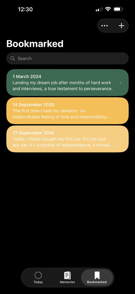 Today - Memory Notebook - The Bookmarked screen of the Today Memory Notebook app displaying saved life milestones on green and yellow cards.