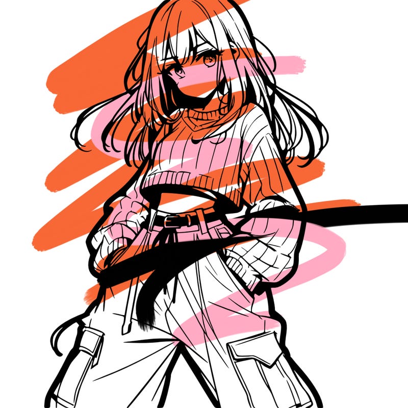 anime teen girl with baggy pants and crop top with sweater