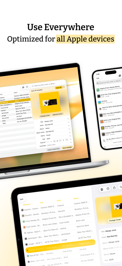 Audio Tag Editor interface displayed on a MacBook, iPhone, and iPad showing multi-device compatibility