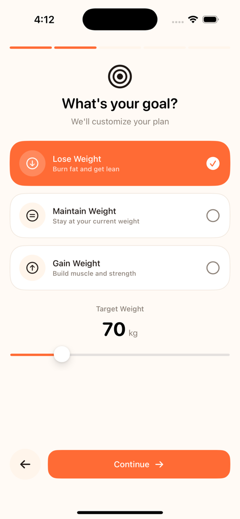 Calor - Calories Tracker - Onboarding screen of the Calor app for setting a weight loss goal and target weight