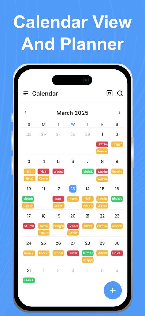 Week Calendar - Event Manager - Monthly calendar view with color coded events in the Week Calendar app