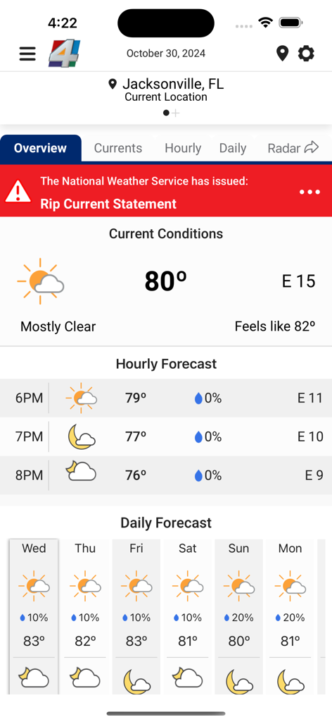 News4Jax Weather Authority - News4Jax Weather Authority app showing current conditions and a rip current alert for Jacksonville Florida