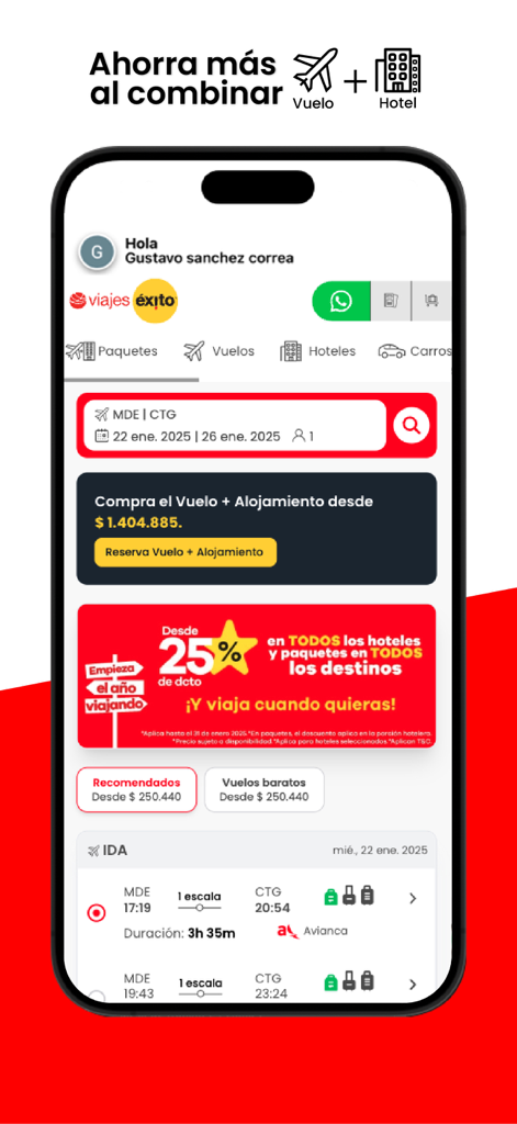 Viajes Éxito - Viajes Exitoモバイルアプリの画面。コロンビアのデスティネーションのフライトとホテルのパッケージがスペイン語で表示されます。