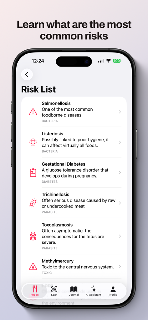 MomEats - Pregnancy Food Safe - A screen from the MomEats app displaying a list of common pregnancy food safety risks like listeria and toxoplasmosis