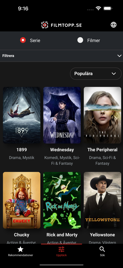 Oberfläche der Filmtopp-App, die ein Raster beliebter TV-Serien anzeigt, darunter Wednesday und Yellowstone.