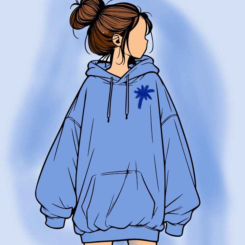 realistic girl with a oversized sweatshirt on and a bun