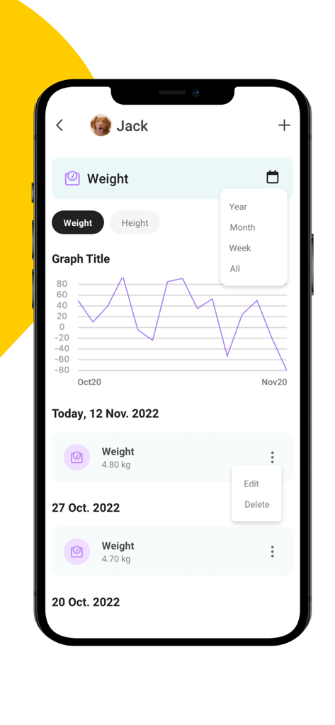 11pets: Pet Care - Mobile screen of the 11pets app showing a dog's weight tracking graph and health log history