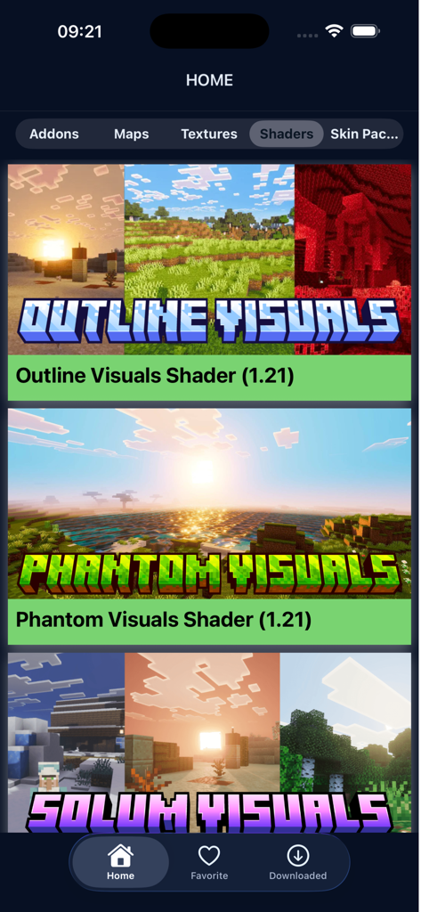 Screenshot of the shaders category in the Addons Mods for MCPE app featuring various visual enhancement packs