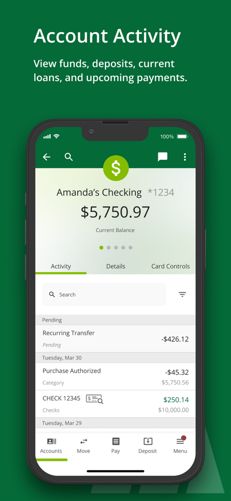 Redwood Credit Union mobile app screen showing checking account balance and transaction history.