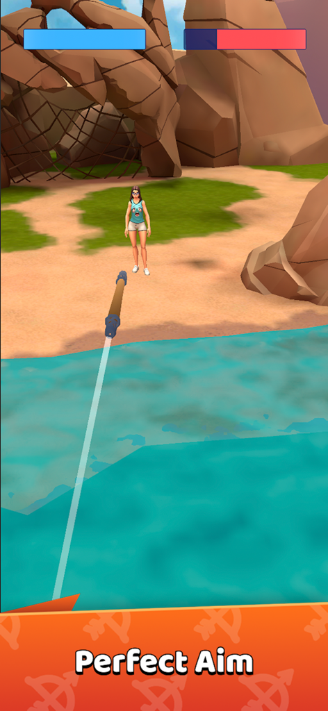 Archery Clash! - Archery Clashのゲームプレイ。プレイヤーが3Dのビーチ環境で相手に槍を構えている様子。