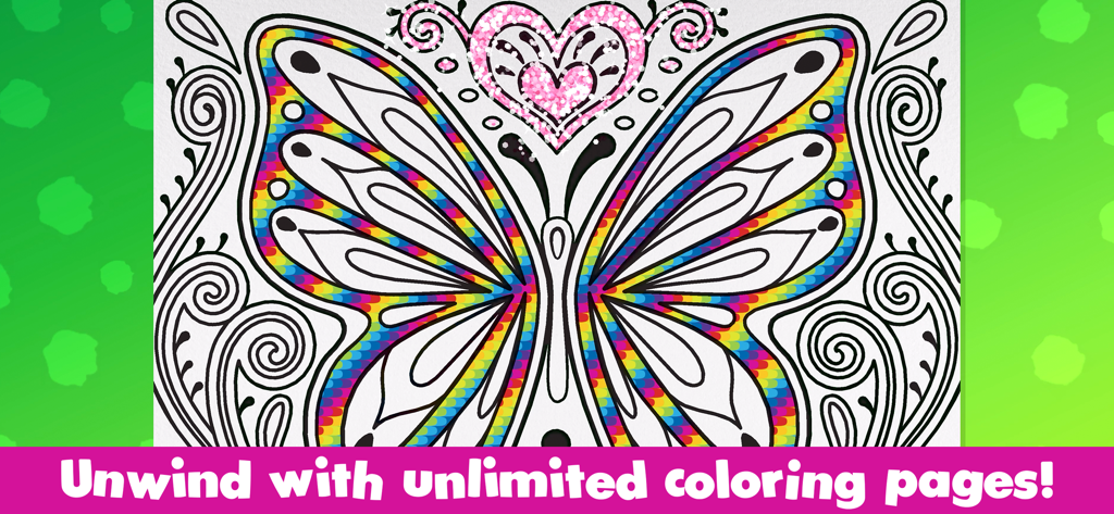 A digital butterfly coloring page with a pink glitter heart in the Crayola Create and Play app
