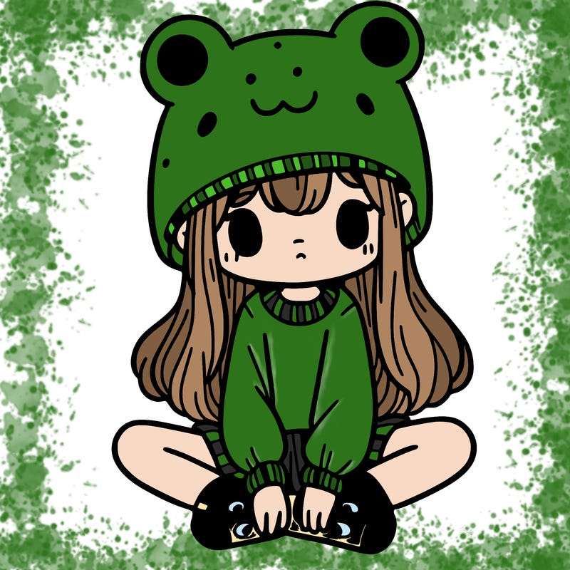 a girl wearing a frog hat and some frog socks