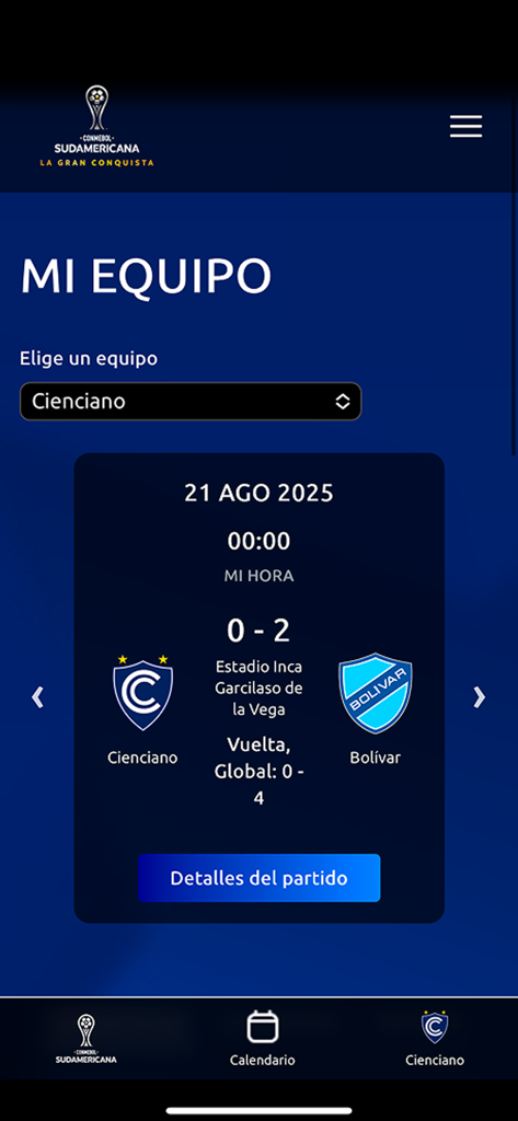 CONMEBOL Sudamericana - La app CONMEBOL Sudamericana mostrando la sección Mi Equipo con resultados de partidos entre Cienciano y Bolívar