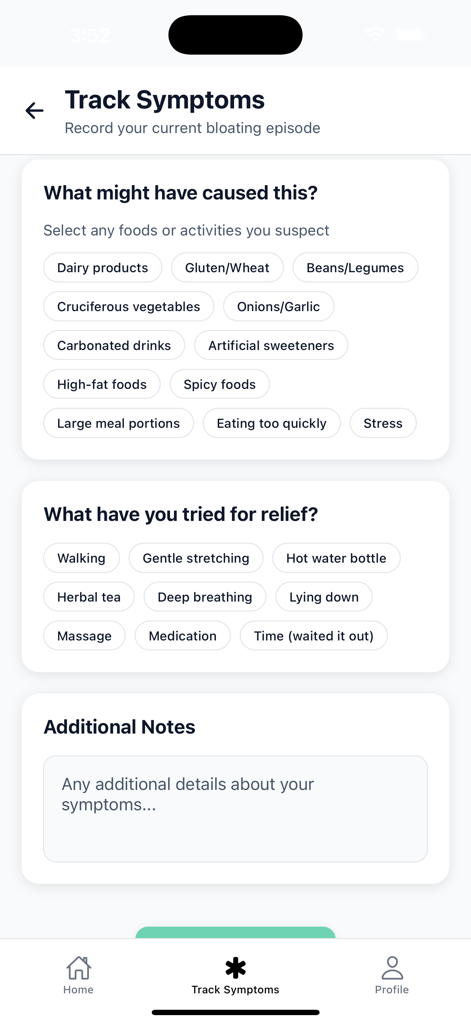 Oberfläche zur Verfolgung von Blähungssymptomen, die vermutete Lebensmittel-Auslöser und Linderungsmethoden zeigt