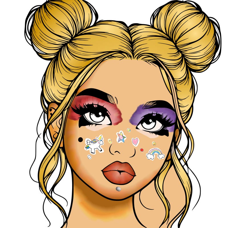 realistic girl with two buns on her hair and lips