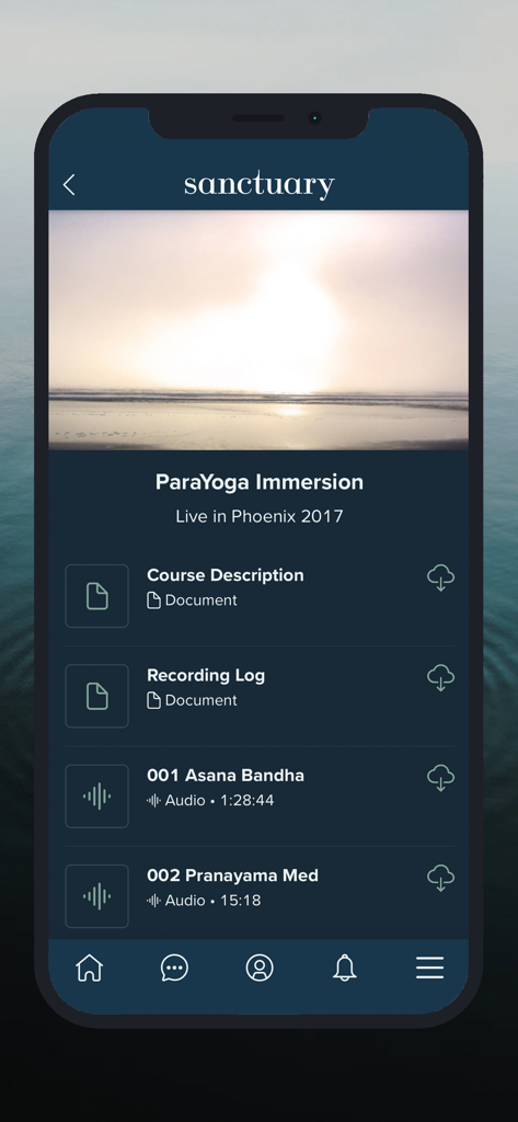 Sanctuary 앱 화면은 Asana Bandha 및 Pranayama 명상을 위한 문서 및 오디오 녹음을 포함한 ParaYoga 몰입 코스 자료를 표시합니다.