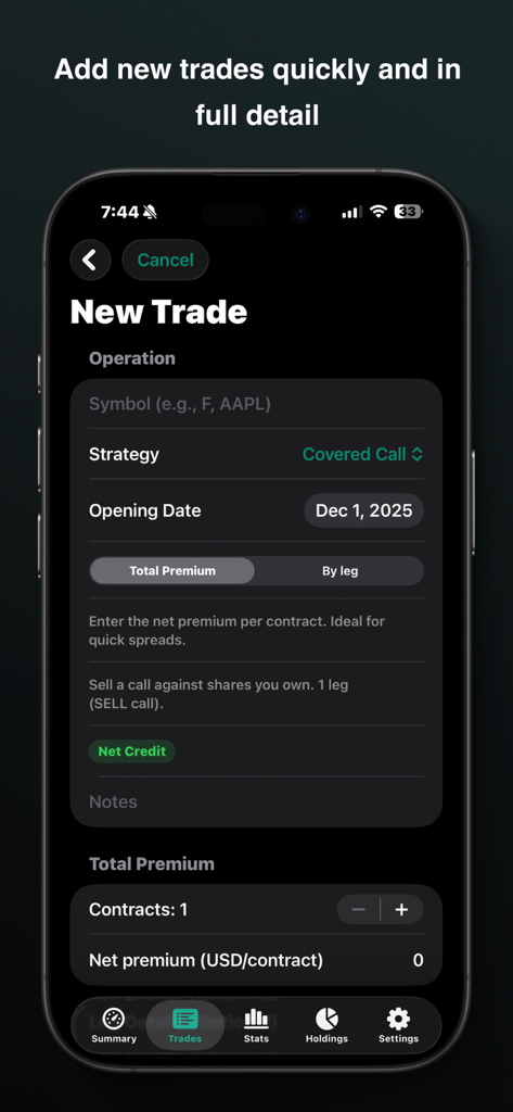 Interface for logging a new options trade including strategy and premium details