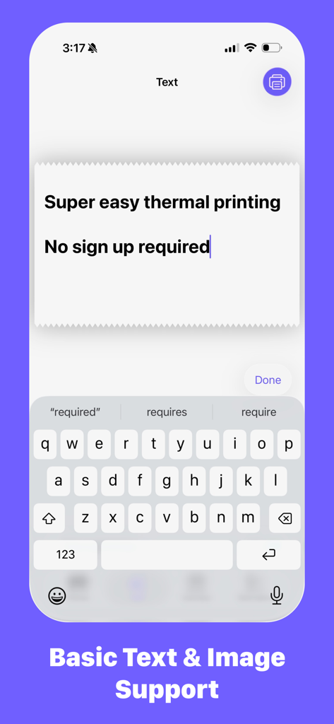 QuickPrint - Thermal Printing - Interfaz de la aplicación QuickPrint para impresión térmica mostrando una pantalla de entrada de texto con el mensaje Impresión térmica súper fácil.