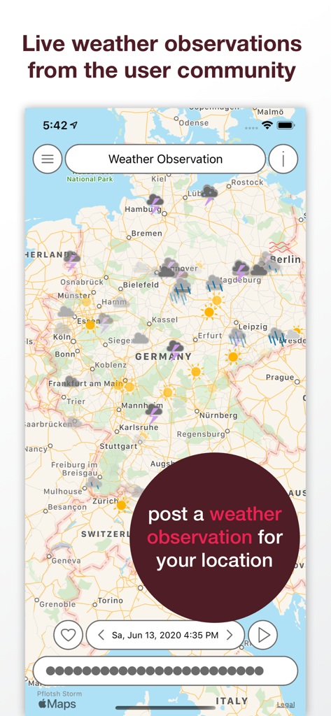 Pflotsh SuperHD - Pflotsh SuperHD interface displaying a weather map of Germany with live user observations