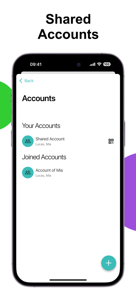 Monee app screen showing shared and joined accounts for household budgeting