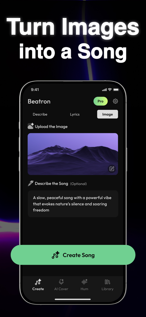 Beatron app interface showing the turn images into a song feature with an uploaded landscape photo and text prompt.