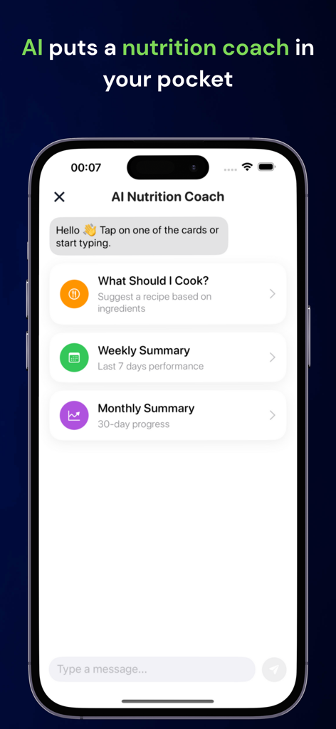 KCal - Calorie Tracker AI - Pantalla del coach de nutrición IA de la aplicación KCal con sugerencias de recetas, resúmenes semanales y mensuales