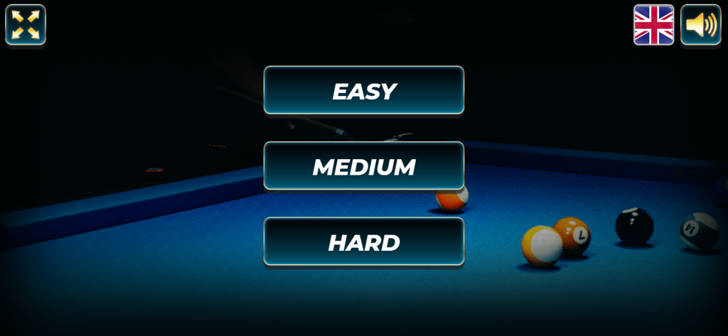 The difficulty selection screen for Eight Ball Pool Pro with Easy Medium and Hard buttons on a pool table background
