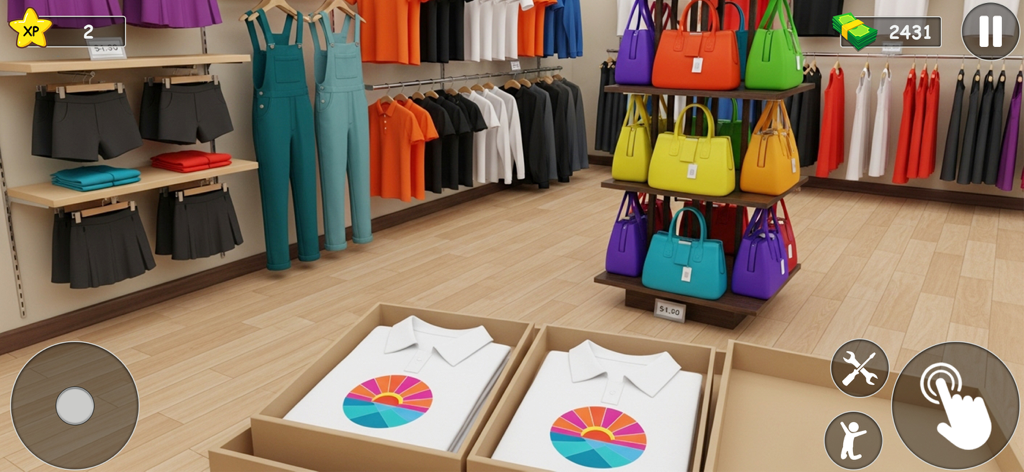 A fashion boutique shop with colorful handbags and clothing racks