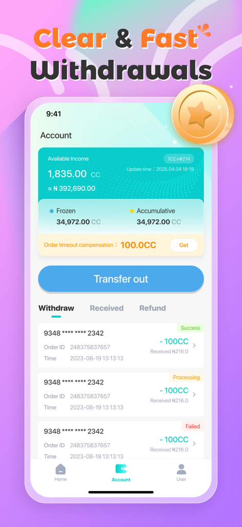 Account dashboard of Top Gift Card app showing income balance and withdrawal history status.