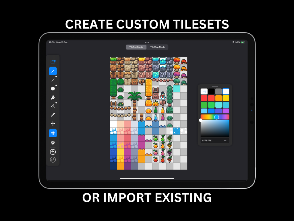 TilePix - TilePix app interface on iPad showing a pixel art tileset editor with custom nature tiles and a color picker panel