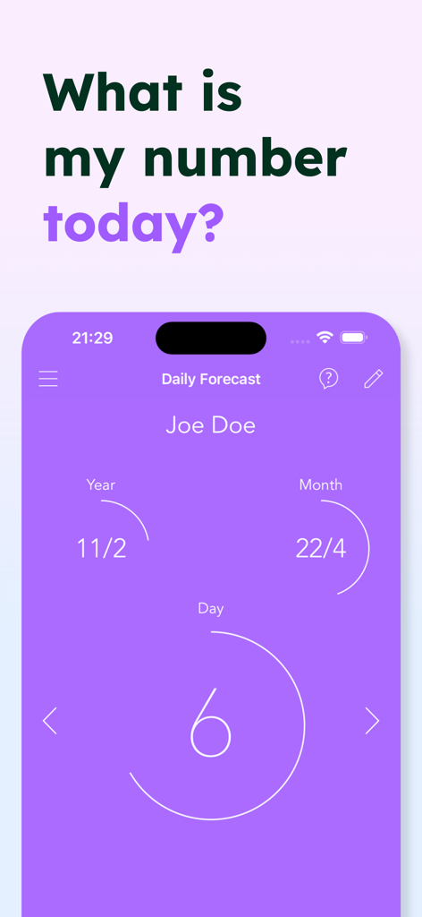 Pocket Numerology Pro - Daily numerology forecast screen showing year month and day calculations in the Pocket Numerology Pro app