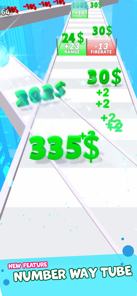 Digit Shooter gameplay showing green dollar numbers and upgrade gates on a track