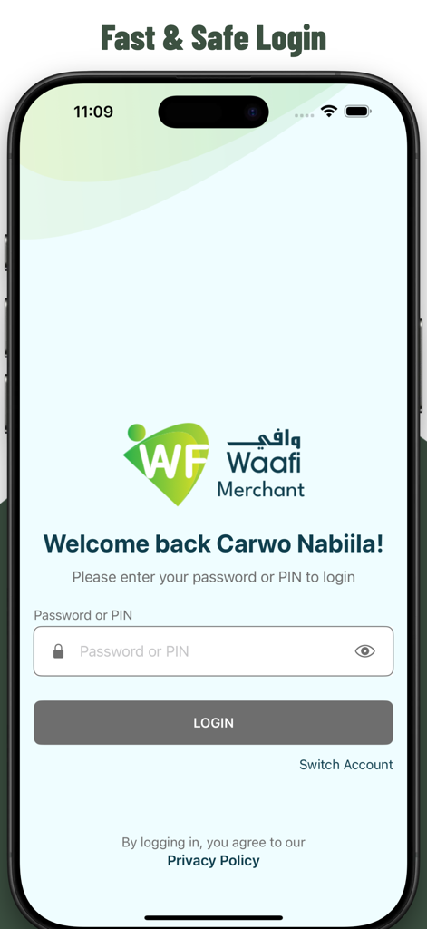 Secure login screen of the WAAFI Business app for Somali-American entrepreneurs