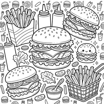 Unleash your creativity with this detailed Burgers & Fries coloring page, perfect for teens. Enjoy bringing towering burgers, crispy fries, and playful details to life.