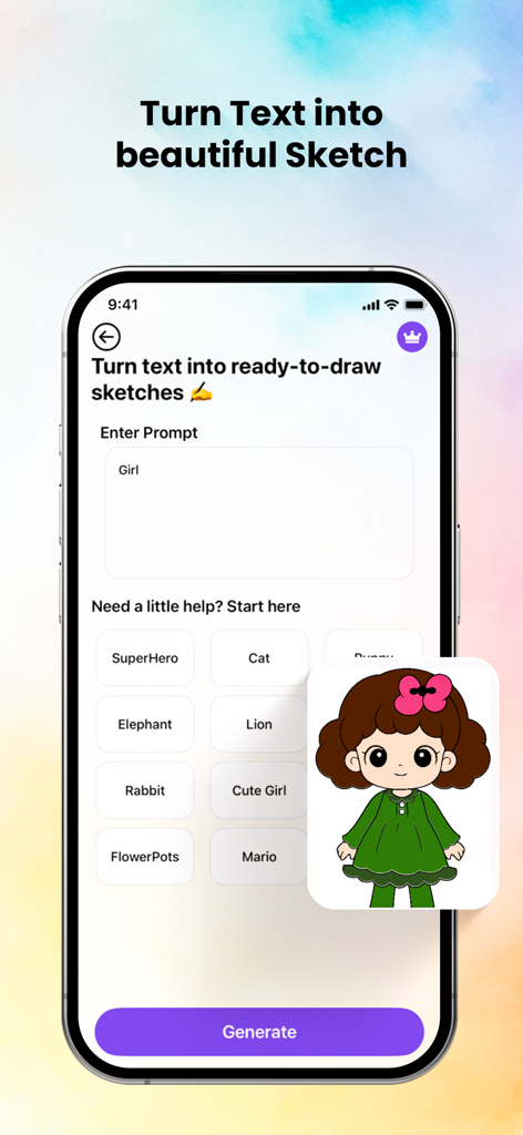 Coloring Pop - AI Art Maker - Interfaccia dell'app mobile che mostra la funzione AI da testo a schizzo con un'illustrazione di un personaggio femminile carino generata da un prompt