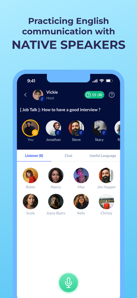 Learning English: Eng Breaking - Eng Breaking app screen showing a group discussion with native speakers about job interviews