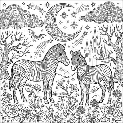 Embark on a captivating coloring journey with this stunning gothic night scene featuring two majestic zebras. Immerse yourself in a world of ornate celestial elements and mysterious landscapes perfect for adult colorists.
