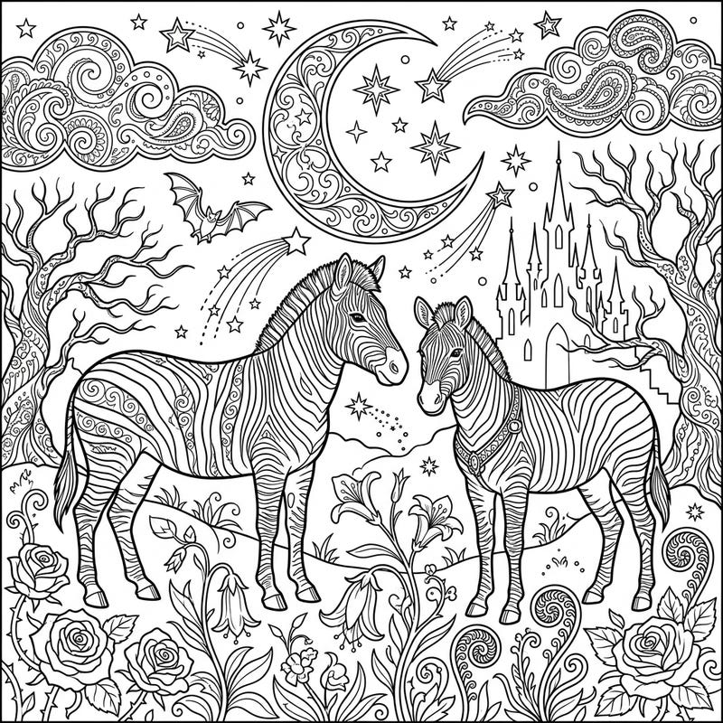 Embark on a captivating coloring journey with this stunning gothic night scene featuring two majestic zebras. Immerse yourself in a world of ornate celestial elements and mysterious landscapes perfect for adult colorists.