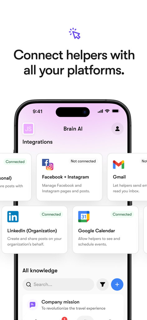 Sintra: AI Employees - Sintra AI app integrations screen showing connections to LinkedIn Google Calendar Facebook and Gmail