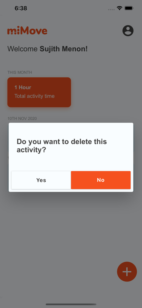 miMove - miMove App-Bildschirm, der ein Bestätigungsfenster anzeigt, in dem gefragt wird, ob der Benutzer eine protokollierte Aktivität löschen möchte