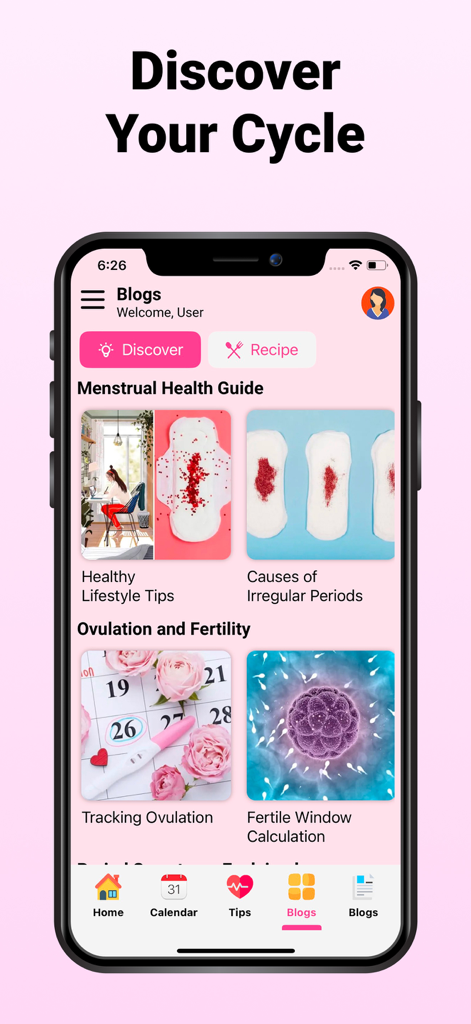 Captura de pantalla de la sección de blogs en una aplicación de seguimiento de períodos que muestra guías de salud menstrual y fertilidad